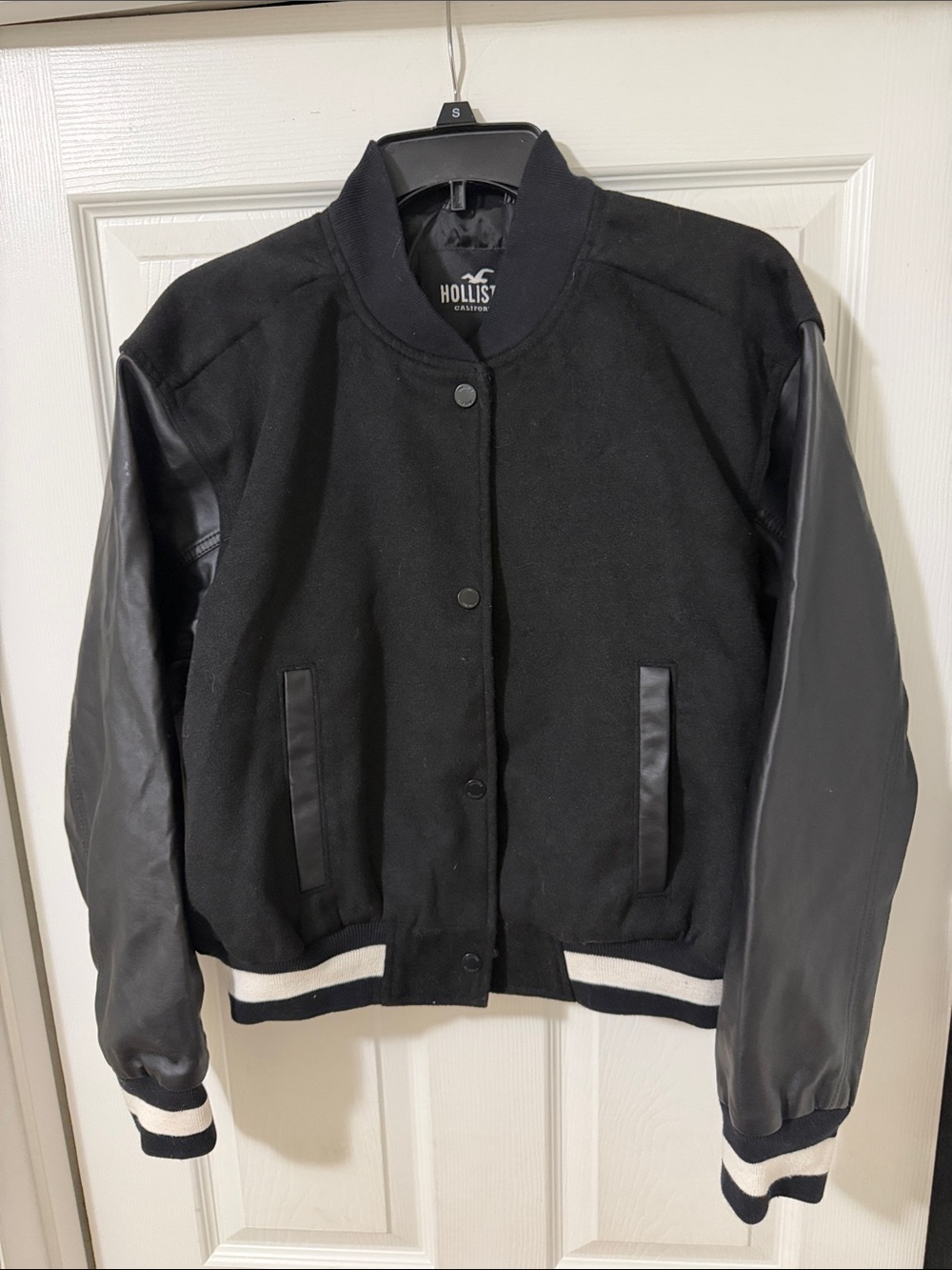 Hollister Black Wool-Blend Varsity Jacket with Leather Sleeves